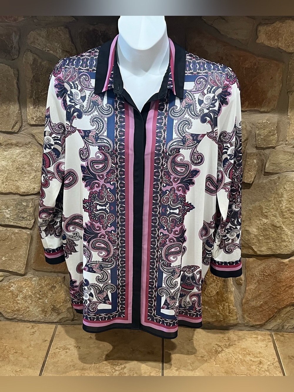 Chico’s Semi-Sheer Dress Blouse XL Purple & Blue Shades Paisley Print